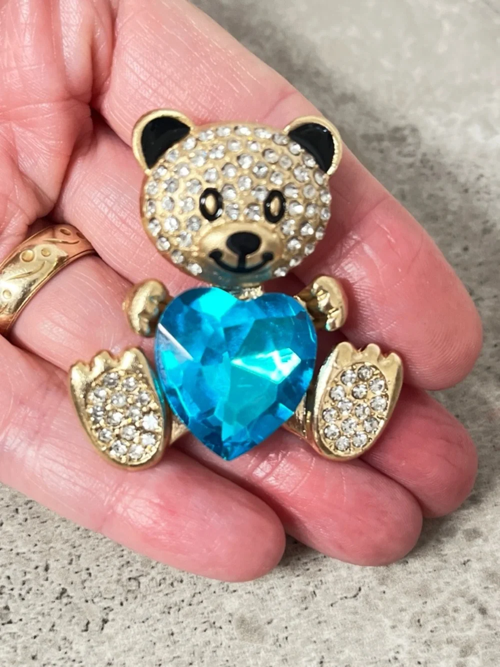 Teddy Bear Brooch NIP with Blue Heart Gem,rhinestones on gold tone base